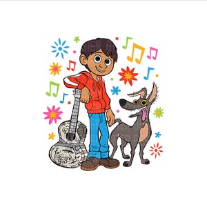 May include: A cartoon illustration of a boy with brown hair wearing a red hoodie and blue jeans holding a guitar. A gray dog with a pink tongue is standing next to him. The background is white with colorful flowers and musical notes.