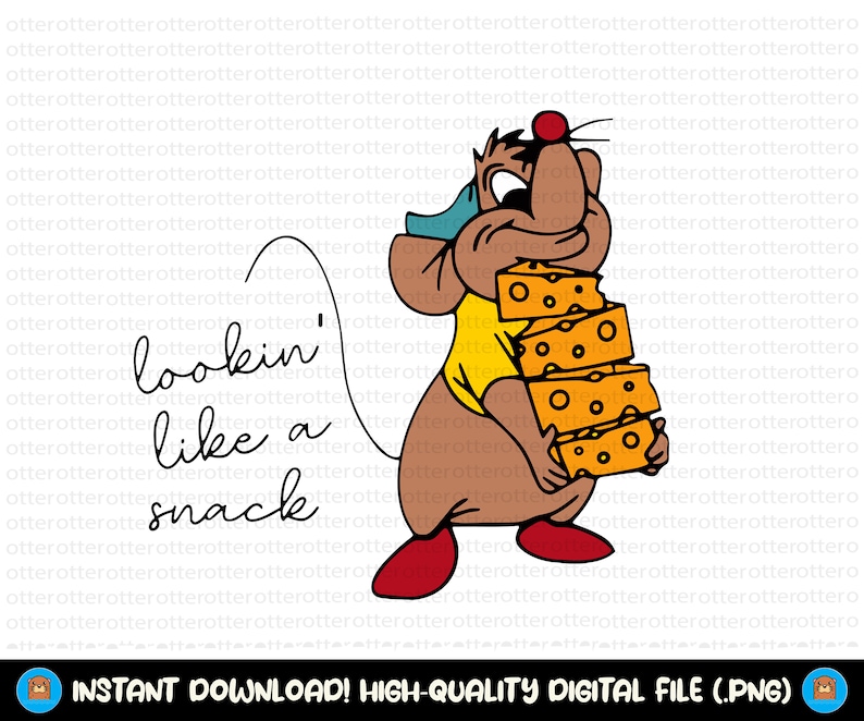May include: A cartoon illustration of a mouse holding several blocks of cheese. The mouse is brown with a yellow shirt, red shoes, and a blue hat. The text "lookin' like a snack" is written in a cursive font.