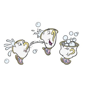 Puede incluir: Tres tazas de té de dibujos animados con caras, una está soplando burbujas, otra está bebiendo y otra está siendo rociada con agua.