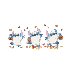 May include: Three blue Stitch characters dressed as ghosts for Halloween, holding orange jack-o'-lantern buckets and walking on a bed of colorful autumn leaves.