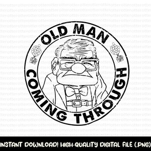 Könnte beinhalten: Schwarzweiß-Illustration eines Comic-Charakters mit Brille und Fliege. Der Charakter ist von einem Kreis mit dem Text "OLD MAN COMING THROUGH" umgeben.