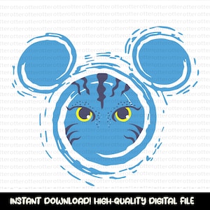 May include: A blue and white illustration of a cartoon character's face with yellow eyes inside a Mickey Mouse silhouette.