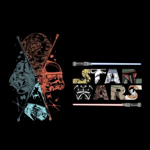 May include: A black background with a graphic of Star Wars characters and a lightsaber. The characters are Darth Vader, Yoda, Chewbacca, R2-D2, Boba Fett, and a Stormtrooper. The text "STAR WARS" is in the center of the image.