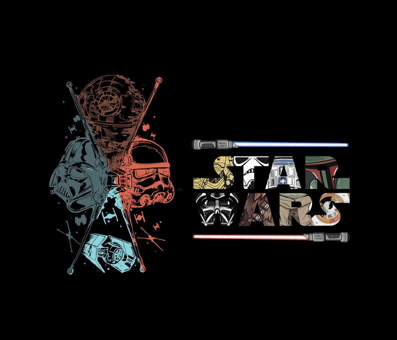 May include: A black background with a graphic of Star Wars characters and a lightsaber. The characters are Darth Vader, Yoda, Chewbacca, R2-D2, Boba Fett, and a Stormtrooper. The text "STAR WARS" is in the center of the image.
