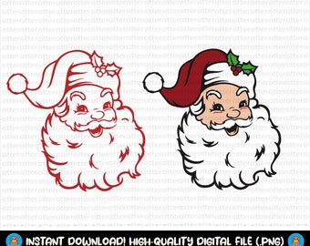 May include: Two illustrations of Santa Claus. One is red and the other is white. Both have a white beard and a red hat with a green holly sprig.