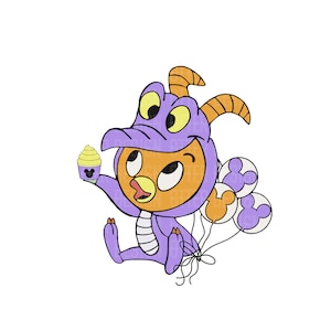 May include: A cartoon character dressed as a purple dragon holding a yellow cupcake and balloons with Mickey Mouse ears.