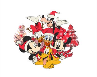 May include: A group of Disney characters dressed in red and white Christmas outfits. Mickey Mouse, Minnie Mouse, Donald Duck, Goofy, Pluto, and Daisy Duck are gathered around two small Christmas trees.
