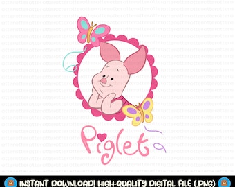 May include: A pink and white piglet cartoon character with a pink bow, looking to the left, with a pink heart and the word "Piglet" in pink and purple letters. There are two butterflies, one pink and one yellow, in the background.