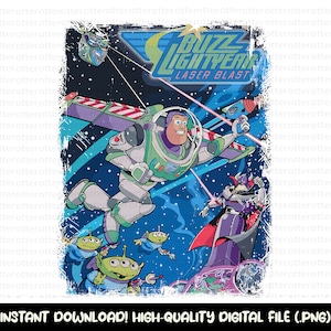 May include: A digital illustration of Buzz Lightyear from the Toy Story franchise. Buzz is flying through space in a spaceship with a red and white stripe design. He is wearing his signature space ranger uniform and helmet. The background is a blue and black starry sky. The text "Buzz Lightyear Laser Blast" is at the top of the image.