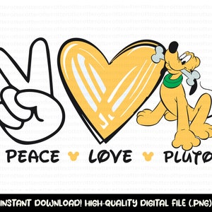 以下が含まれることがあります： ピース、愛、そしてプルート！白黒のピースサイン、黄色のハート、そして骨を持ったプルートの犬の漫画の画像。テキスト「Peace Love Pluto」は画像の下にあります。