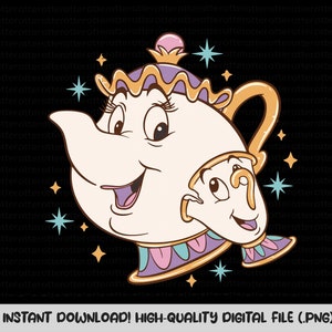 Puede incluir: Una ilustración de dibujos animados de la Sra. Tetera, la tetera de La Bella y la Bestia de Disney, con Chip, la taza de té, a su lado. La Sra. Tetera es una tetera de color amarillo claro con una tapa morada y adornos dorados. Chip es una taza de té de color amarillo claro con un asa azul claro. Ambos personajes sonríen.