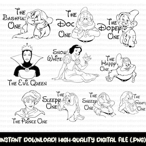 Op de afbeelding: Zwart-wit digitale bestand met illustraties van personages uit een klassiek sprookje. Bevat Sneeuwwitje, de boze koningin, de prins en de zeven dwergen met hun namen. De tekst "INSTANT DOWNLOAD! HIGH-QUALITY DIGITAL FILE (.PNG)" is ook opgenomen.