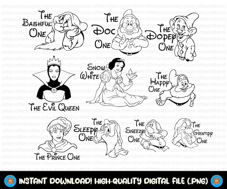 以下が含まれることがあります： 白黒のデジタルファイルで、古典的なおとぎ話のキャラクターのイラストが特徴です。白雪姫、邪悪な女王、王子、7人の小人たちがそれぞれの名前で登場します。「INSTANT DOWNLOAD! HIGH-QUALITY DIGITAL FILE (.PNG)」というテキストも含まれています。