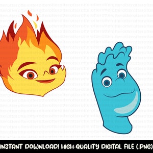 May include: A digital illustration of two cartoon characters. One character is a blue, flame-like creature with a smiling face. The other character is a yellow, fire-like creature with a smiling face.