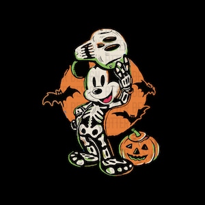 May include: A skeleton Mickey Mouse wearing a green and white skull mask and holding a jack-o'-lantern. The background is a dark orange with bats flying around a full moon.