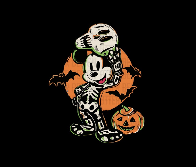 May include: A skeleton Mickey Mouse wearing a green and white skull mask and holding a jack-o'-lantern. The background is a dark orange with bats flying around a full moon.