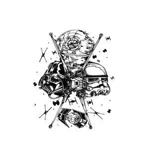 May include: Black and white illustration featuring iconic Star Wars elements. Depicted are Darth Vader's helmet, a Stormtrooper helmet, the Death Star, X-wing fighters, and TIE fighters. The design is set against a white background.