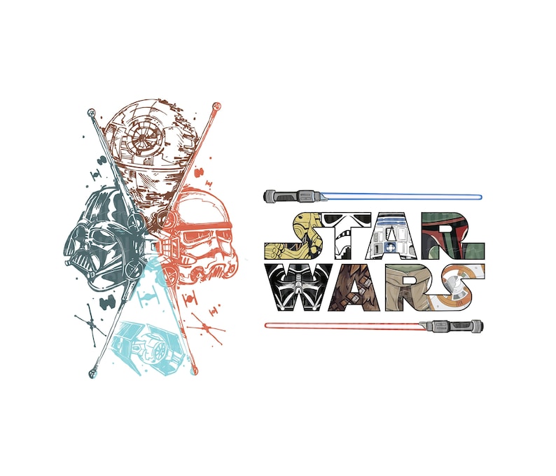 May include: A Star Wars themed graphic design featuring a red, blue, and black illustration of Darth Vader, a Stormtrooper, and the Death Star. The text "STAR WARS" is written in white letters with various Star Wars characters and objects filling in the letters.