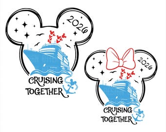 May include: Two Mickey Mouse-shaped designs with a cruise ship theme. One features a bow and the other a Mickey Mouse head. Both have the text "Cruising Together" and the year "2026". The cruise ship is blue, and the accents are red and black.