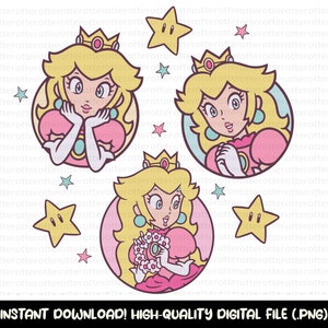 Puede incluir: Tres ilustraciones de dibujos animados de la princesa Peach de la serie de videojuegos Super Mario Bros. Cada ilustración presenta a Peach en una pose diferente, con un vestido rosa, cabello rubio y una corona. El fondo de cada ilustración es un círculo rosa pastel con estrellas blancas.