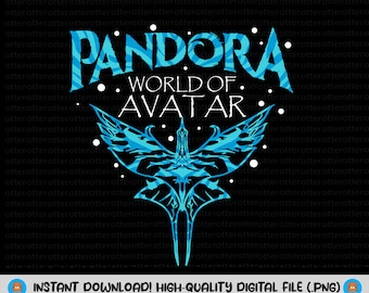 Peut inclure: Un design graphique bleu et blanc avec le texte "Pandora World of Avatar" et un oiseau bleu stylisé aux ailes déployées.