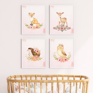 Woodland Creature PRINTABLE Nursery Wall Art, Pink Woodland Creature, Flowers, Digital wall art, Digital Print, Nursery, Digital Download
