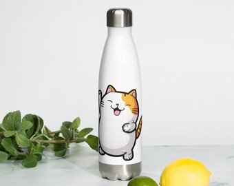 Cat Water Bottle | Stainless Steel, Available in White & Black