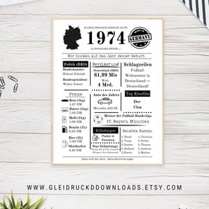 1974 | Geburtstag Geschenk | Geburtstagszeitung | Geburtstagsgeschenk 1974 | Geburtsjahr 1974|Lastminute Geschenk zum sofort ausdrucken