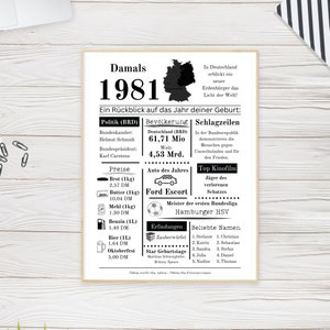 1981 |Presente de aniversário | Pôster de aniversário | Presente com ano de nascimento | Presente de última hora para imprimir imediatamente para pai, mãe, amigos