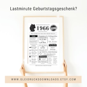 Könnte beinhalten: Ein gerahmter Druck mit dem Text "Lastminute Geburtstagsgeschenk?" und dem Jahr "1966". Der Druck hat ein Vintage-Design mit deutschem Text und Grafiken, einschließlich einer Deutschlandkarte und historischen Fakten.