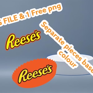 Puede incluir: Una descarga digital de un logotipo de Reese's Peanut Butter Cup en formato SVG y PNG. El logotipo es naranja y amarillo con el texto "Reese's" en letras marrones. La imagen muestra el logotipo en piezas separadas según el color.