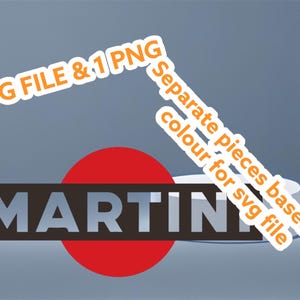 Peut inclure: Conception graphique avec le mot « MARTINI » dans un rectangle gris foncé, avec un cercle rouge derrière. L'image comprend le texte « SVG FILE & 1 PNG » et « Pièces séparées basées sur la couleur pour le fichier svg ».