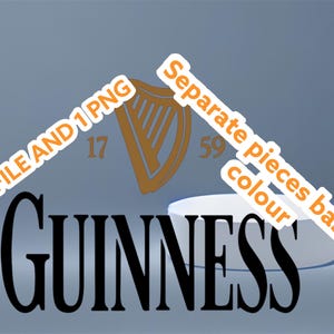 May include: A digital design featuring the Guinness logo in black, with a gold harp emblem and the numbers 17 and 59. The design includes the text "SVG FILE AND 1 PNG" and "Separate pieces based on color".