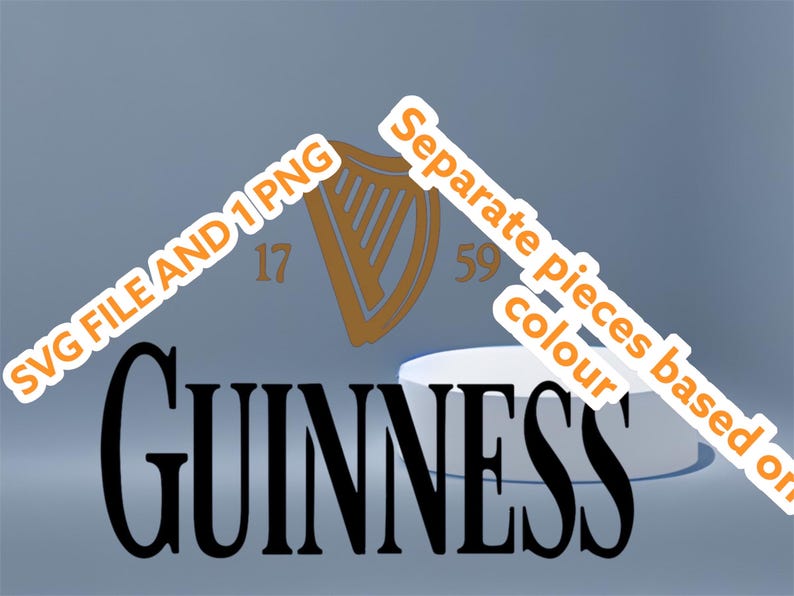 May include: A digital design featuring the Guinness logo in black, with a gold harp emblem and the numbers 17 and 59. The design includes the text "SVG FILE AND 1 PNG" and "Separate pieces based on color".
