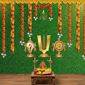 Venkateswara Shanku Chakram Namam Backdrop, Marigold Garlands, Festival Pooja Decor