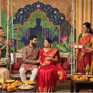 Pichwai Cow Backdrop: Traditional Indian Pooja Decor with Lotus Design