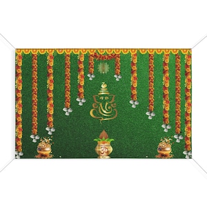 Housewarming Ganesh Decorative Backdrops Matte Vinyl Banner Pooja Decoration Traditional 5 x 8 FT with holes & hanging Ropes