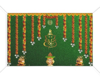 Housewarming Ganesh Decorative Backdrops Matte Vinyl Banner Pooja Decoration Traditional 5 x 8 FT with holes & hanging Ropes