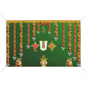Housewarming Venkateswara Shanku Chakram Decorative Backdrop Matte Vinyl Banner Pooja Decoration Traditional 5 x 8 FT holes & hanging Ropes