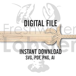 Op de afbeelding: Een houten zwaardontwerp met gedetailleerde handgreep en lemmet, met geometrische patronen. De afbeelding bevat de tekst "DIGITAL FILE" en "INSTANT DOWNLOAD" met bestandsopties: SVG, PDF, PNG en AI.