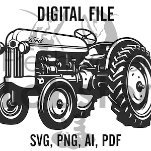 May include: Black and white illustration of a vintage Ford tractor. The tractor has a large rear tire and a smaller front tire. The tractor has a Ford logo on the side.