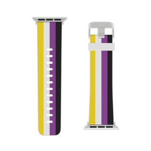 May include: A yellow, white, and purple striped Apple Watch band with a silver buckle. The band is made of silicone and has a smooth finish.