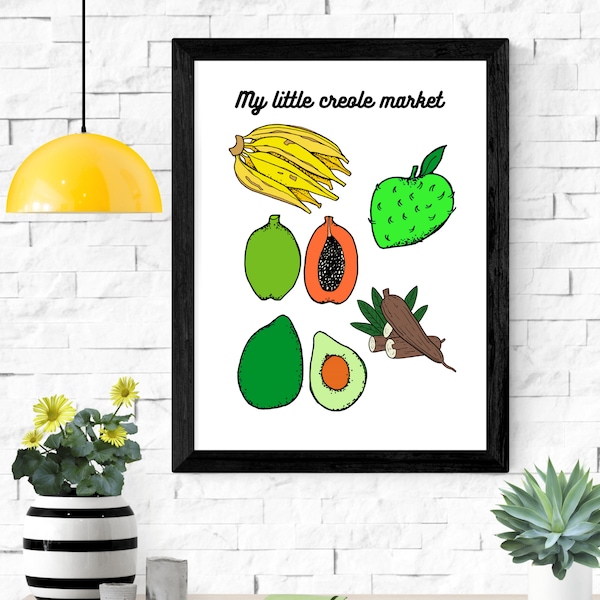 Poster "My Little Creole Market" : Affiche en PDF à Imprimer & à Télécharger pour décoration d'intérieur - Marché fruits et légumes Caraïbes