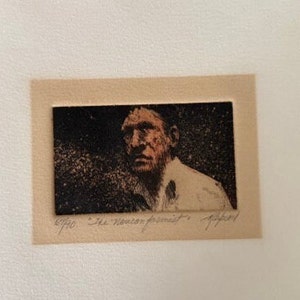 May include: A black and white etching of a man's face. The man is looking to the left and has a beard. The etching is signed "The House Painter" and "Appell".