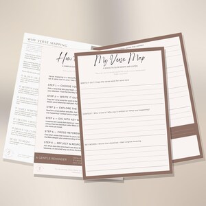 May include: A collection of beige and brown paper sheets with handwritten text, titled "My Verse Map" and "Why Verse Mapping." The sheets are for Bible study, with prompts for writing and reflection. The pages have a minimalist design.