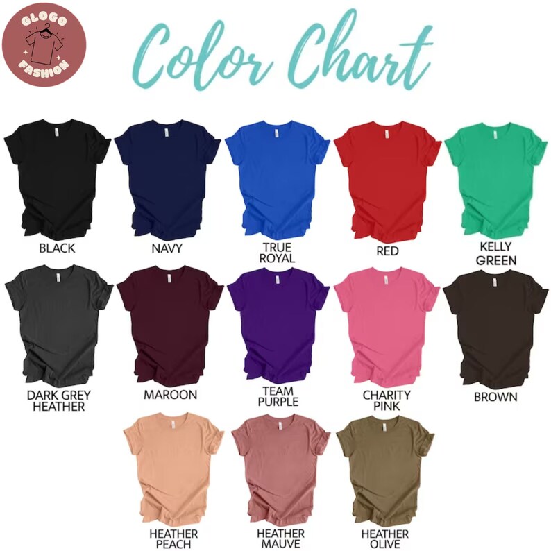 May include: Color chart showing 15 different t-shirt colors. The colors are: black, navy, true royal, red, kelly green, dark grey heather, maroon, team purple, charity pink, brown, heather peach, heather mauve, heather olive.