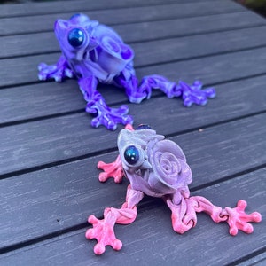 May include: Two 3D printed frog figurines. The larger frog is purple and blue with a glittery finish. The smaller frog is pink and white with a glittery finish.