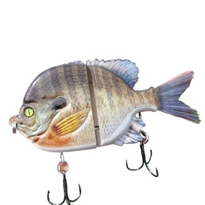 May include: A brown and gray realistic looking fishing lure shaped like a bluegill fish with a green eye. The lure has two treble hooks and the word "calyguide" is printed on the side.