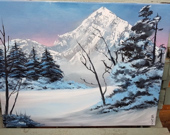 A snowy mountain scene.