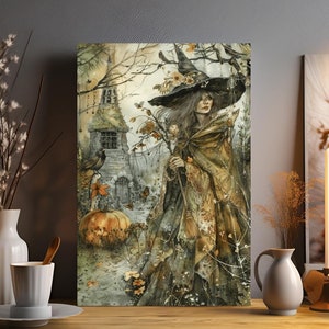 Vintage Witch Painting Canvas Art Print Matte Stretched 0.75&quot; Art Nouveau Room Decor Unique Gift for Goth Home Decor Halloween Decor